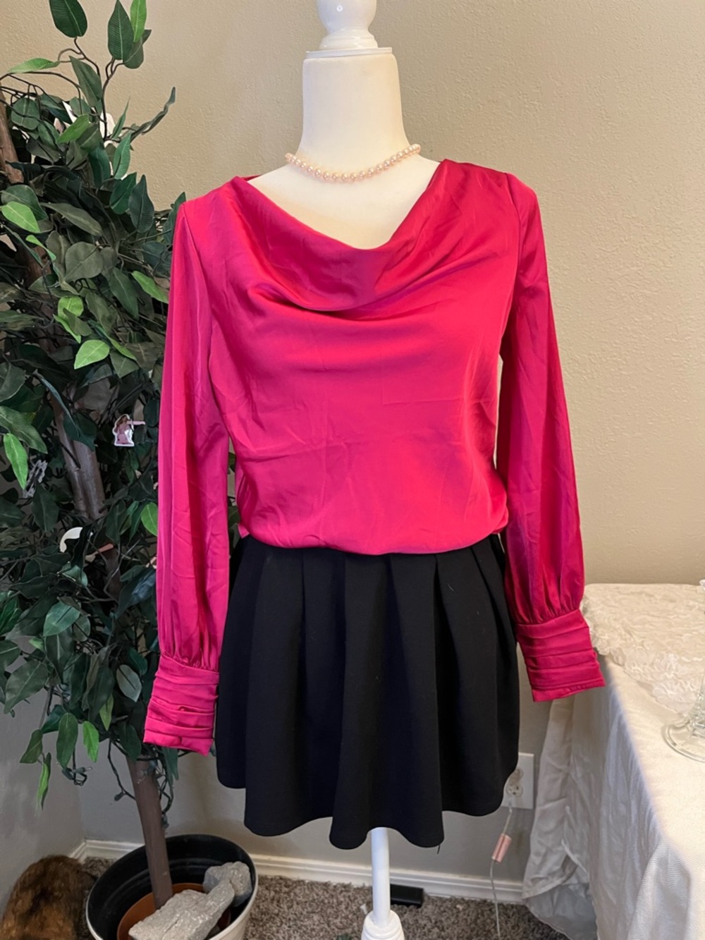 Joie Fuchsia Satin Cowl Neck Top